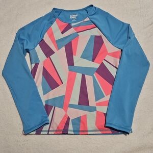 Lands' End Girls' Blue Multi Geometric Long-Sleeve Rash Guard Size 10